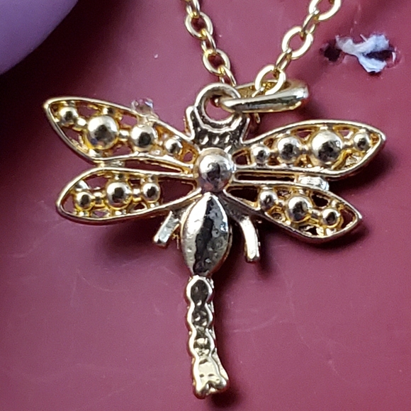 💖 Dragonfly necklace with earrings goldtone with clear gems. - Picture 5 of 13